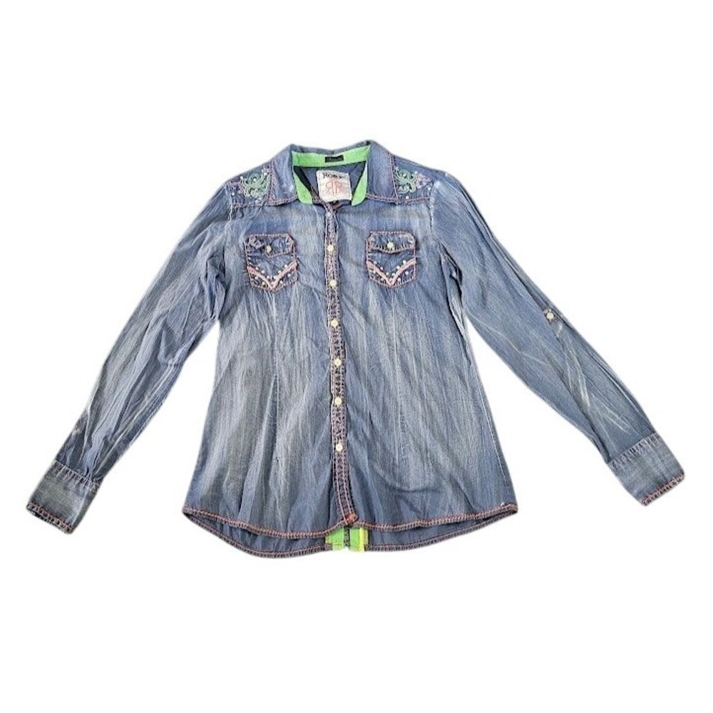 Roar Western Denim Shirt Women XL Blue Embroidered Cross Rhinestone Button Up